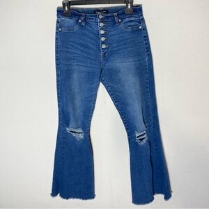 Bluenotes Distressed Super High Rise Flare Exposed Button Fly Blue Jeans 28